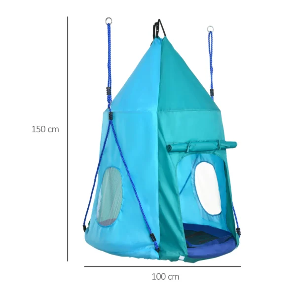 Nestschommel met tent tot 150 kg Ø100 cm tuinschommel voor kinderen met venster, lengte verstelbare touwen, waterdicht in blauwgroen 4