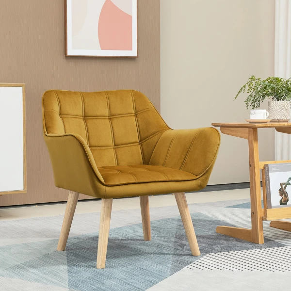 Oorfauteuil enkele stoel relaxfauteuil met fluweel, scandinavisch, verhoogde poten, fluweelachtig polyester, geel 67x61,5x71 cm 2