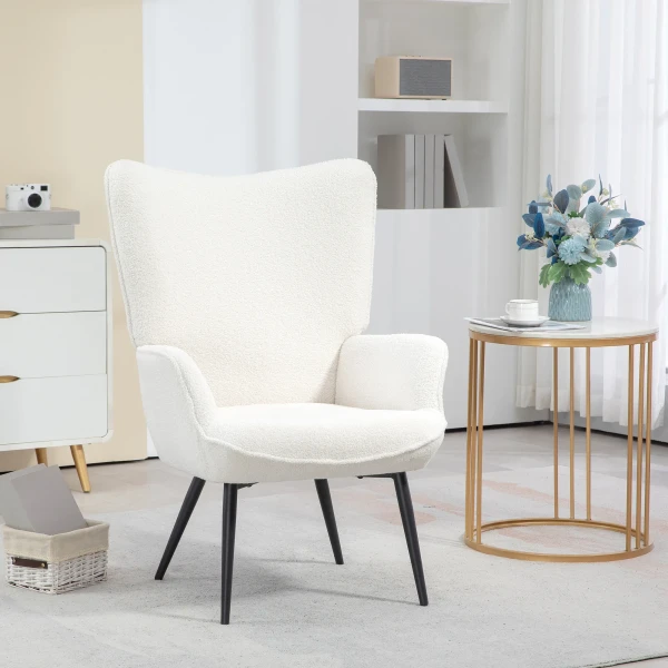Oorfauteuil, gestoffeerde relaxstoel met armleuning, metalen poten, loungestoel voor woonkamer, slaapkamer, crèmewit 2