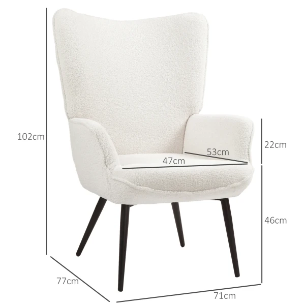 Oorfauteuil, gestoffeerde relaxstoel met armleuning, metalen poten, loungestoel voor woonkamer, slaapkamer, crèmewit 4