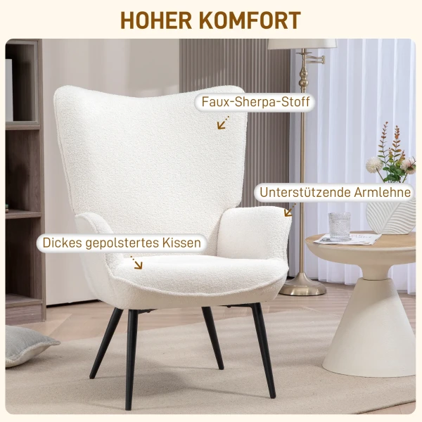 Oorfauteuil, gestoffeerde relaxstoel met armleuning, metalen poten, loungestoel voor woonkamer, slaapkamer, crèmewit 5