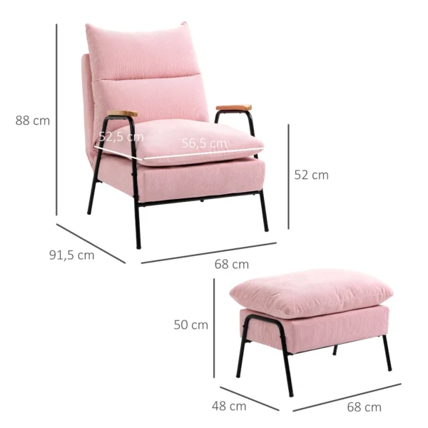 Oorfauteuil met voetenbank en kantelbare rugleuning relaxstoel, tv stoel, gestoffeerde stoel, roze, 68x91,5x88cm 4