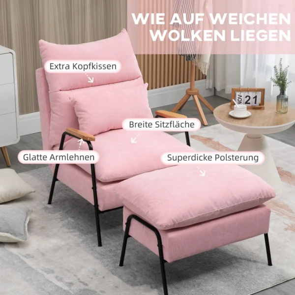 Oorfauteuil met voetenbank en kantelbare rugleuning relaxstoel, tv stoel, gestoffeerde stoel, roze, 68x91,5x88cm 7