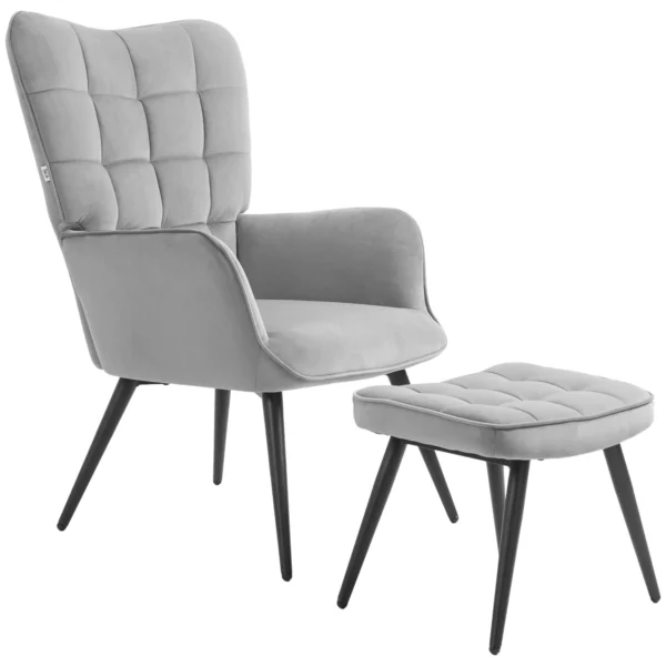 Oorfauteuil met voetenbank, loungestoel relaxstoel gestoffeerde stoel fluweelachtige tv stoel eetkamerstoel tot 120 kg lichtgrijs 1