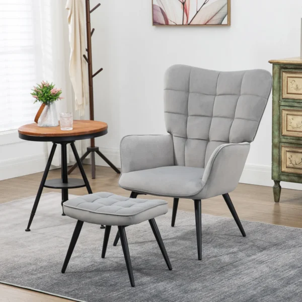 Oorfauteuil met voetenbank, loungestoel relaxstoel gestoffeerde stoel fluweelachtige tv stoel eetkamerstoel tot 120 kg lichtgrijs 2
