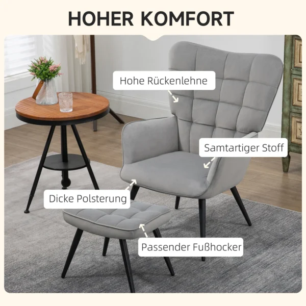 Oorfauteuil met voetenbank, loungestoel relaxstoel gestoffeerde stoel fluweelachtige tv stoel eetkamerstoel tot 120 kg lichtgrijs 5