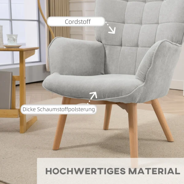 Oorfauteuil met voetenbank, relaxfauteuil, gestoffeerde fauteuil in corduroy look, loungestoel, armstoel met houten poten, tv fauteuil voor woonkamer, grijs 5