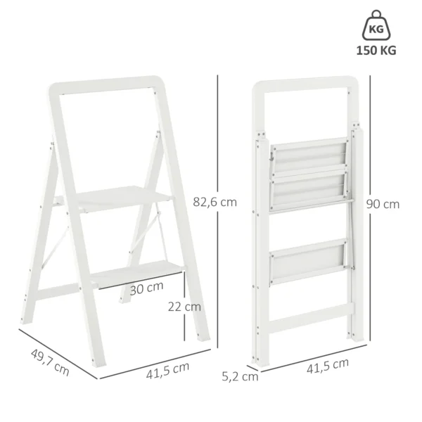 Opstap ladder met 3 treden anti slip opklapbare trap met handvat tot 150 kg belastbaar lichtgewicht aluminium ladder 41,5 x 49,7 x 82,6 cm wit 4