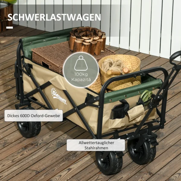 Opvouwbare bolderkar met handvat, strandkar tuinkar tot 100 kg belastbaar, oxford materiaal in khaki 9