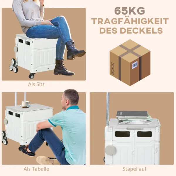 Opvouwbare boodschappentrolley met verstelbare telescoopgreep, trapklimmer tot 80 kg, met deksel, wit voor boodschappen & reizen 7