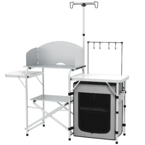 Opvouwbare campingkeuken met uv bescherming en windscherm, buitenkeuken met 3 werkbladen en kastvak, aluminium lichtstandaard 1
