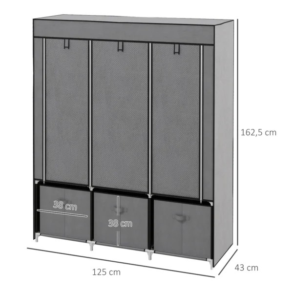 Opvouwbare garderobe stoffenkast, vouwkast met rits, vliesstof, donkergrijs, 125x43x162,5cm 4