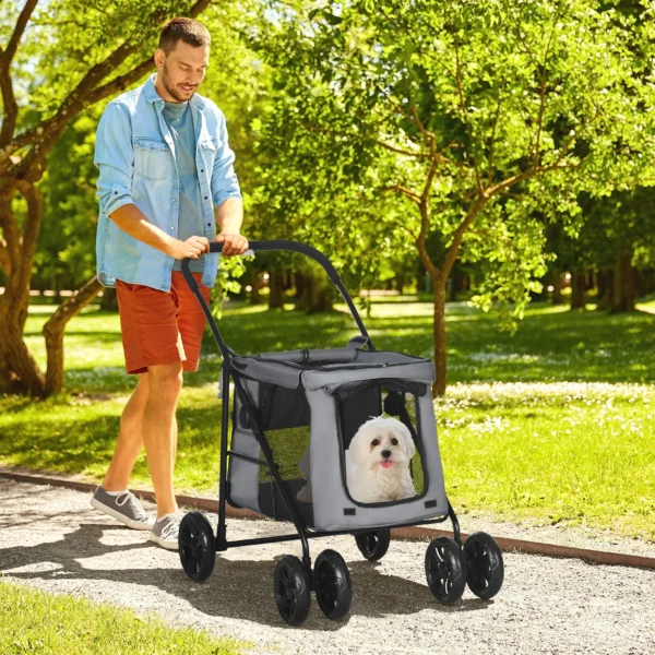 Opvouwbare hondenwagen met kussen voor honden en katten tot 20 kg, kattenwagen met netvenster van oxford stof in grijs zwart 2