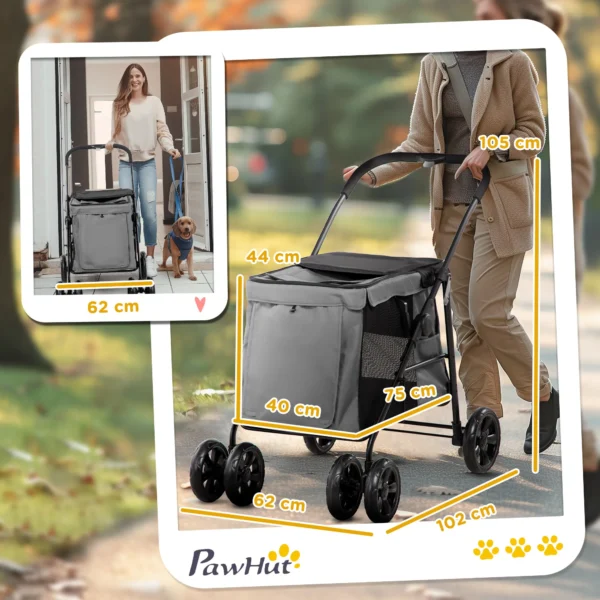 Opvouwbare hondenwagen met kussen voor honden en katten tot 20 kg, kattenwagen met netvenster van oxford stof in grijs zwart 4