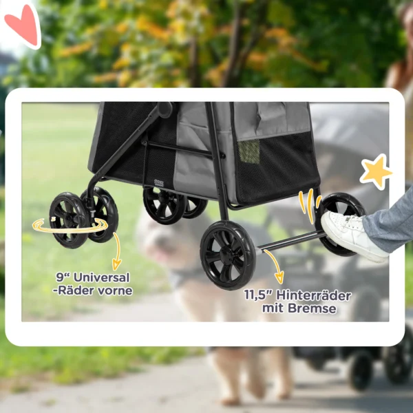 Opvouwbare hondenwagen met kussen voor honden en katten tot 20 kg, kattenwagen met netvenster van oxford stof in grijs zwart 7