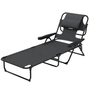 Opvouwbare zonneligstoel tuinligstoel met hoofdkussen, ligstoel met verstelbare rugleuning, armleuning, gezichtsgat, campingligstoel tot 120kg belastbaar voor tuin, balkon, mesh, donkergrijs 1