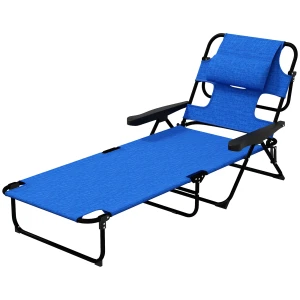 Opvouwbare zonneligstoel tuinligstoel met leesvenster, hoofdkussen, ligstoel met 4 voudig verstelbare rugleuning, weerbestendige campingligstoel tot 120 kg belastbaar, voor tuin strand zwembad, donkerblauw 1