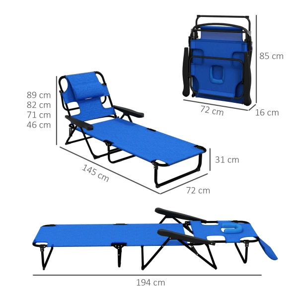 Opvouwbare zonneligstoel tuinligstoel met leesvenster, hoofdkussen, ligstoel met 4 voudig verstelbare rugleuning, weerbestendige campingligstoel tot 120 kg belastbaar, voor tuin strand zwembad, donkerblauw 4