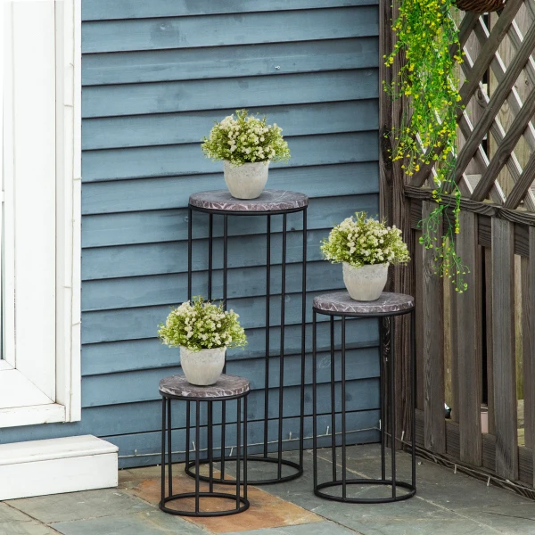 Outsunny bloemenstandaard 3 delige set plantenstandaard in marmerlook stapelbare bloemenkrukken decoratief voor tuin balkon 2