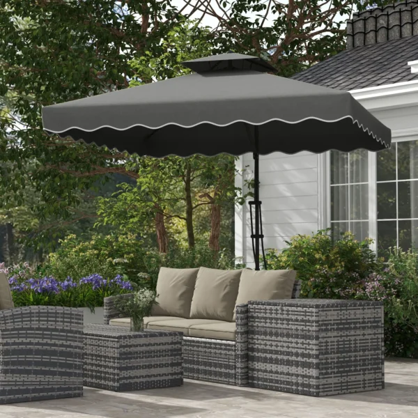 Parasol 243x243cm balkonparasol met uv bescherming, zweefparasol met dubbeldak & kruisvoet, ruches, 4 steunen, donkergrijs 2