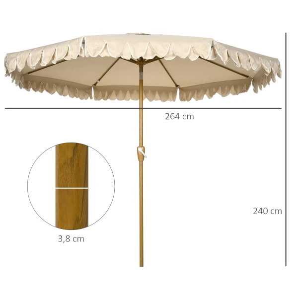 Parasol Ø264 cm strandparasol met franjes, verstelbare helling, 8 steunen, terrasparasol voor tuin & balkon, khaki 4