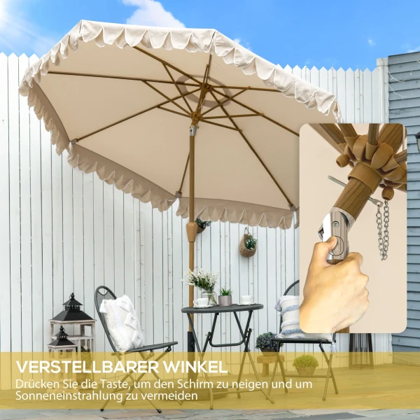 Parasol Ø264 cm strandparasol met franjes, verstelbare helling, 8 steunen, terrasparasol voor tuin & balkon, khaki 5