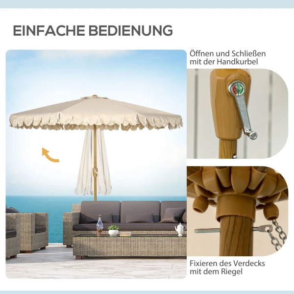 Parasol Ø264 cm strandparasol met franjes, verstelbare helling, 8 steunen, terrasparasol voor tuin & balkon, khaki 6