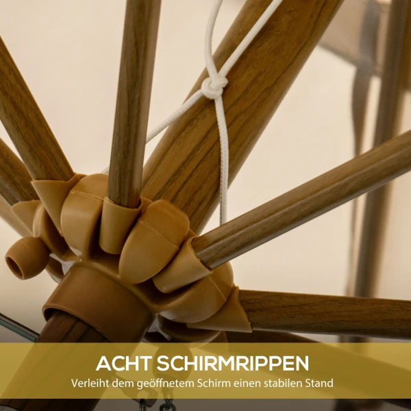 Parasol Ø264 cm strandparasol met franjes, verstelbare helling, 8 steunen, terrasparasol voor tuin & balkon, khaki 8