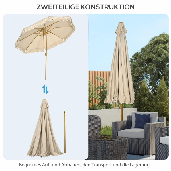 Parasol Ø264 cm strandparasol met franjes, verstelbare helling, 8 steunen, terrasparasol voor tuin & balkon, khaki 9