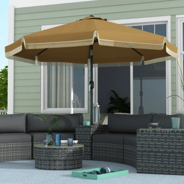 Parasol Ø265 cm terrasparasol met franjes, kantelbare strandparasol met 8 ribben, ideaal voor tuin & balkon in khaki 2