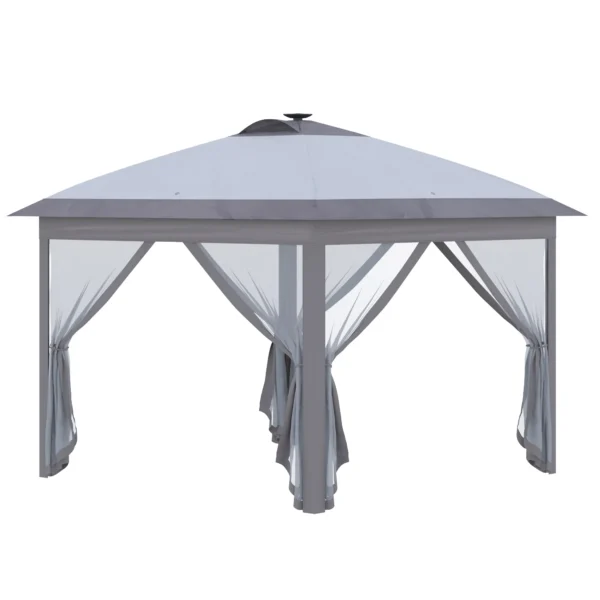 Paviljoen 3,3x3,3m vouwpaviljoen met led usb, pop up met gaas zijwanden, zonwering, oxford stof grijs, ideaal voor tuinfeesten 1
