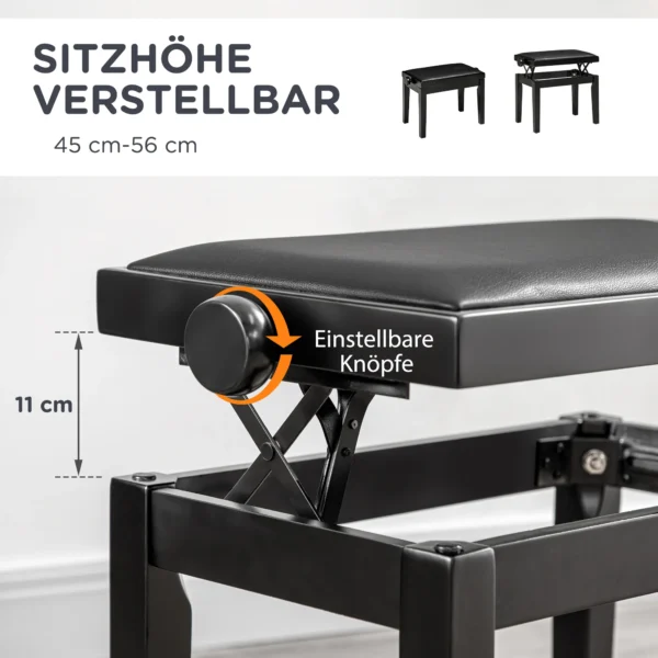 Pianokruk hoogteverstelbare pianobank met lederen kussen, kunstleer, rubberhout, zwart, 63 x 33 x 45 56 cm, ideaal voor pianisten 5