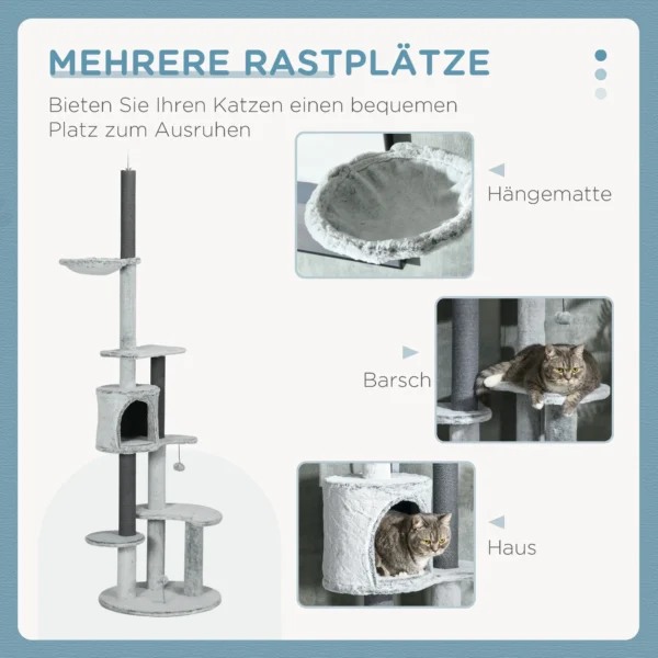 Plafondhoge krabpaal in hoogte verstelbaar 225 255 cm met kantelbeveiliging kattenhol krabstammen speelbal grijs 6