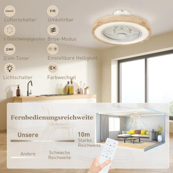 Plafondventilator met verlichting afstandsbediening led ventilator plafondlamp dimbaar met rgb kleur, 6 snelheden 40 w lamp met ventilator, timer omkeerbaar voor slaapkamer natuur 50 cm 9