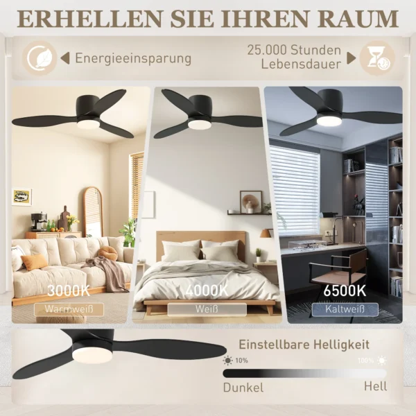 Plafondventilator met verlichting en afstandsbediening 115 cm led lamp met ventilator, omkeerbare dc motor, 3 bladen, 3 lichtkleuren, 6 snelheden, timer plafondventilator voor slaapkamer 5