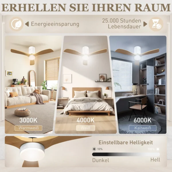 Plafondventilator met verlichting en afstandsbediening 117 cm led lamp met ventilator, 3 bladen, omkeerbare dc motor, 3 lichtkleuren, 6 snelheden, timer voor slaapkamer 5