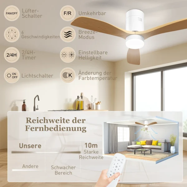 Plafondventilator met verlichting en afstandsbediening 117 cm led lamp met ventilator, 3 bladen, omkeerbare dc motor, 3 lichtkleuren, 6 snelheden, timer voor slaapkamer 9