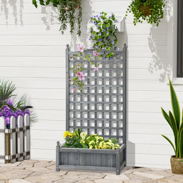 Plantenbak met klimrek bloembak voor klimplanten van hout in lichtgrijs 64x28x120cm ideaal voor tuin & balkon 2