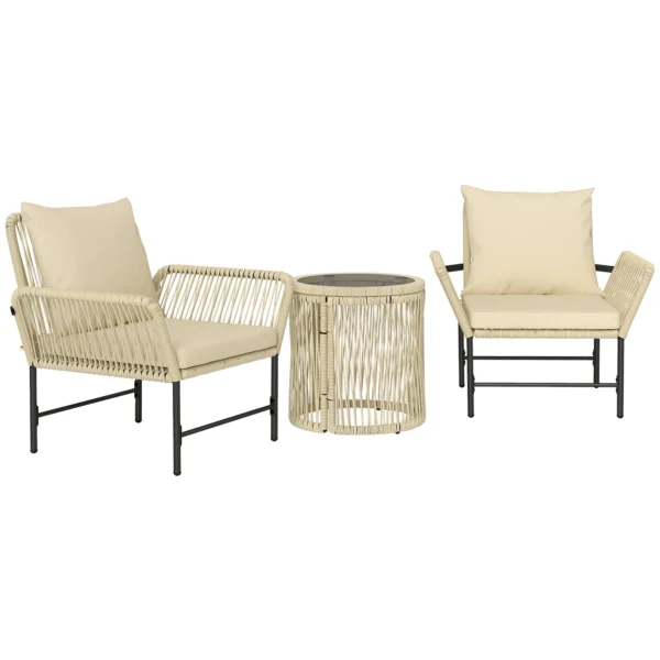 Polyrattan tuinmeubelset, outdoor lounge balkonmeubilair voor 2 personen, 3 delige zitgroep met 2 stoelen, bijzettafel zitkussens, weerbestendige tuinlounge voor tuin, balkon, khaki+beige 1