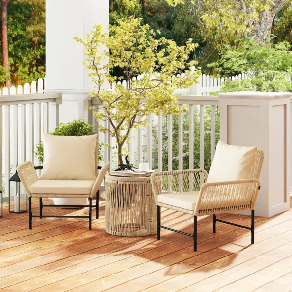 Polyrattan tuinmeubelset, outdoor lounge balkonmeubilair voor 2 personen, 3 delige zitgroep met 2 stoelen, bijzettafel zitkussens, weerbestendige tuinlounge voor tuin, balkon, khaki+beige 10