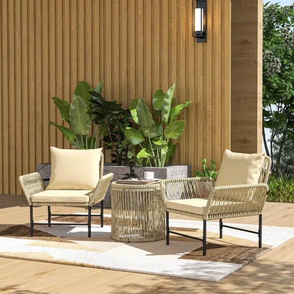 Polyrattan tuinmeubelset, outdoor lounge balkonmeubilair voor 2 personen, 3 delige zitgroep met 2 stoelen, bijzettafel zitkussens, weerbestendige tuinlounge voor tuin, balkon, khaki+beige 2