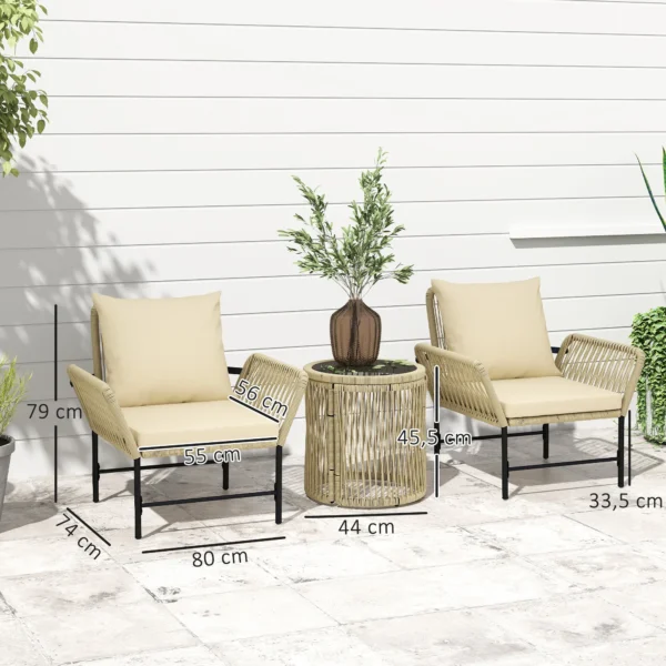 Polyrattan tuinmeubelset, outdoor lounge balkonmeubilair voor 2 personen, 3 delige zitgroep met 2 stoelen, bijzettafel zitkussens, weerbestendige tuinlounge voor tuin, balkon, khaki+beige 4