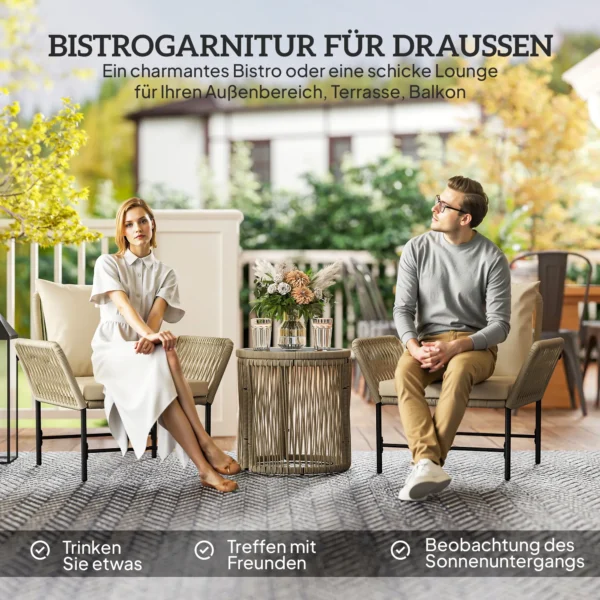 Polyrattan tuinmeubelset, outdoor lounge balkonmeubilair voor 2 personen, 3 delige zitgroep met 2 stoelen, bijzettafel zitkussens, weerbestendige tuinlounge voor tuin, balkon, khaki+beige 5