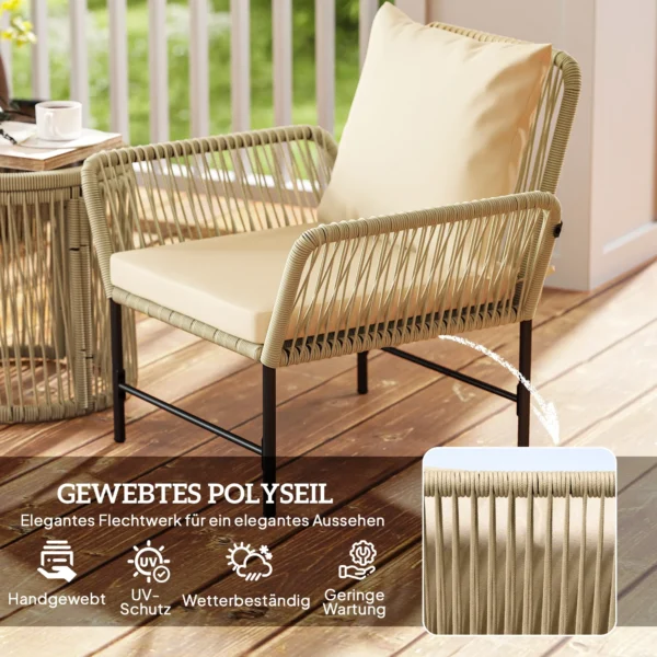 Polyrattan tuinmeubelset, outdoor lounge balkonmeubilair voor 2 personen, 3 delige zitgroep met 2 stoelen, bijzettafel zitkussens, weerbestendige tuinlounge voor tuin, balkon, khaki+beige 6