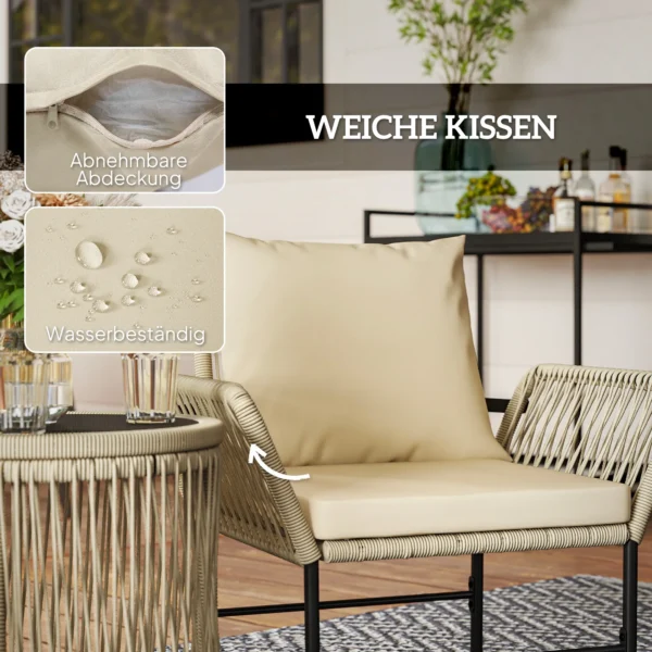 Polyrattan tuinmeubelset, outdoor lounge balkonmeubilair voor 2 personen, 3 delige zitgroep met 2 stoelen, bijzettafel zitkussens, weerbestendige tuinlounge voor tuin, balkon, khaki+beige 7