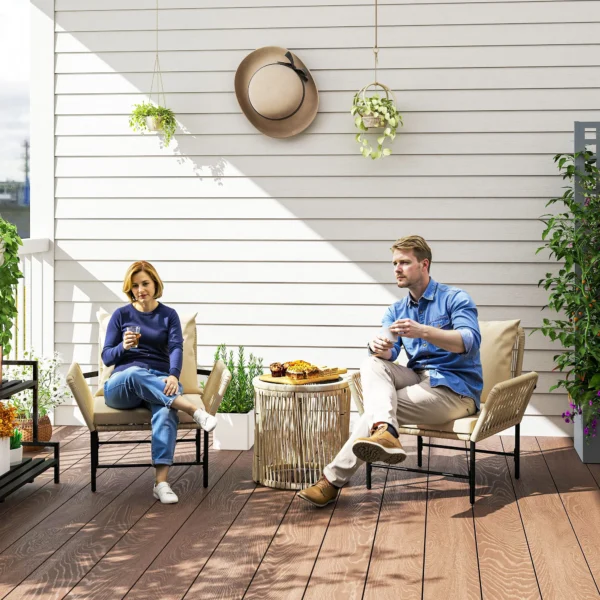 Polyrattan tuinmeubelset, outdoor lounge balkonmeubilair voor 2 personen, 3 delige zitgroep met 2 stoelen, bijzettafel zitkussens, weerbestendige tuinlounge voor tuin, balkon, khaki+beige 9