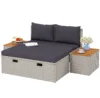 Polyrattan zonneligstoel voor 2 personen dubbele ligstoel met voetenbank opslagruimte paraplu gat weerbestendig tuinligstoel 320kg draagvermogen tuinmeubilair ligstoel relaxstoel voor tuin 125x114x72,5 cm grijs 1
