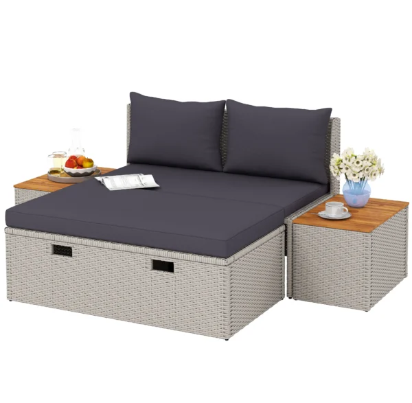 Polyrattan zonneligstoel voor 2 personen dubbele ligstoel met voetenbank opslagruimte paraplu gat weerbestendig tuinligstoel 320kg draagvermogen tuinmeubilair ligstoel relaxstoel voor tuin 125x114x72,5 cm grijs 1