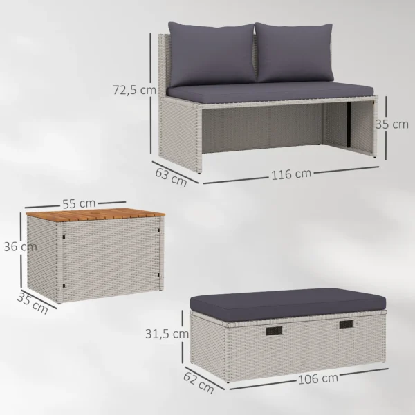 Polyrattan zonneligstoel voor 2 personen dubbele ligstoel met voetenbank opslagruimte paraplu gat weerbestendig tuinligstoel 320kg draagvermogen tuinmeubilair ligstoel relaxstoel voor tuin 125x114x72,5 cm grijs 4