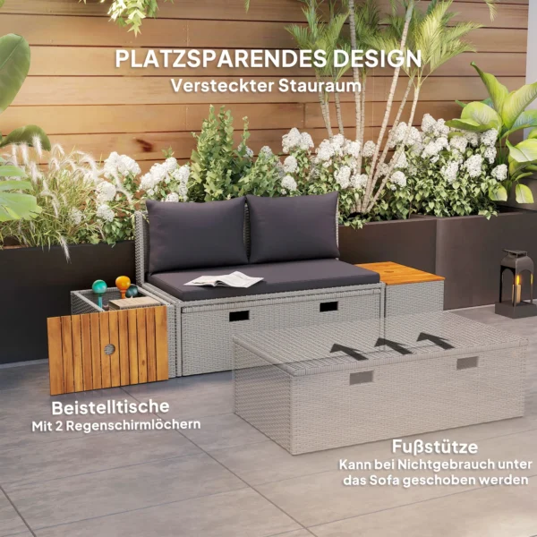 Polyrattan zonneligstoel voor 2 personen dubbele ligstoel met voetenbank opslagruimte paraplu gat weerbestendig tuinligstoel 320kg draagvermogen tuinmeubilair ligstoel relaxstoel voor tuin 125x114x72,5 cm grijs 5